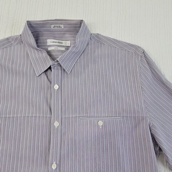 Calvin Klein Button Up Shirt Men's L Purple Stripes Pocket Long Sleeve EUC LN - Picture 6 of 15